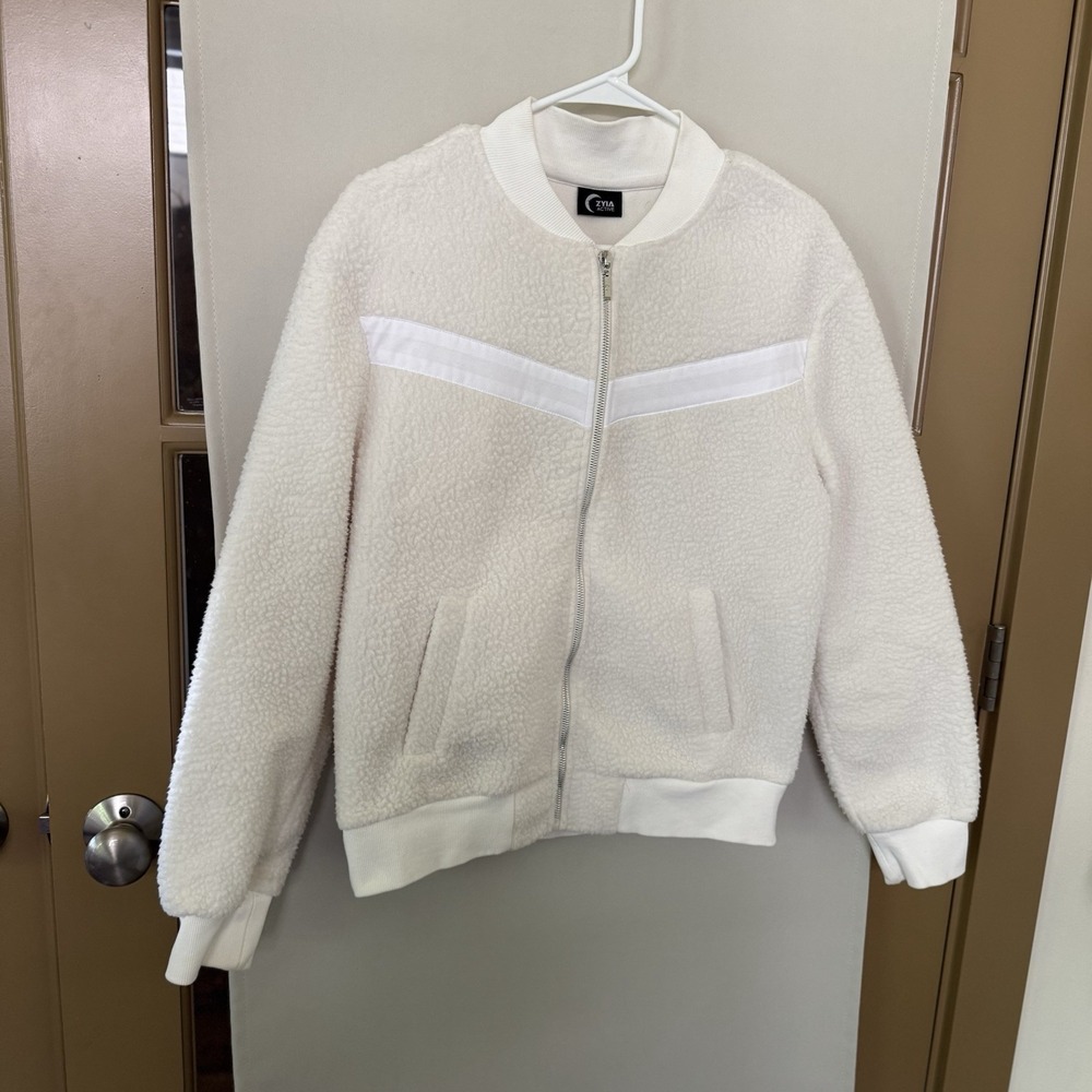 Zyia Active Womens Small White Sherpa Teddy Flying V Fleece Full Zip Jacket